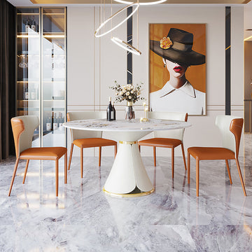 White Round Stone-top Dining Table Golden Stainless Steel Frame Pedestal Dining Table
